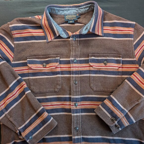 Pendleton Men's Button Fleece Shirt Jacket - Brown / Navy Stripe - Large - Picture 1 of 9